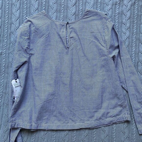 Navy Indigo Stripe Nautical Ruffle Embroidered Long Sleeve Cotton Office Blouse - Picture 3 of 13